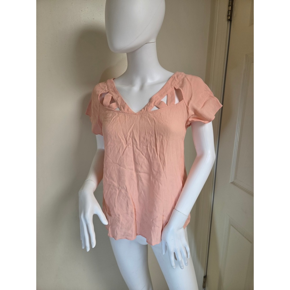 Maeve Anthropologie Peach Lattice Cutout Rayon Short Sleeve Blouse Top Size 2